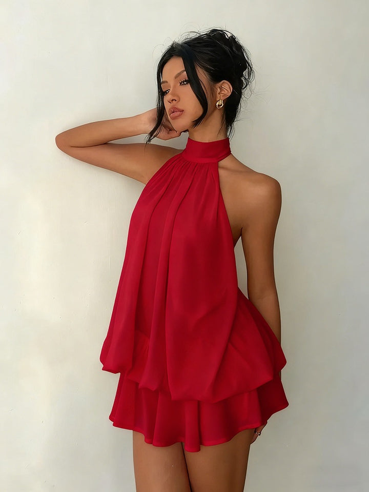Damen elegantes Hochgeschlossenes Minikleid mit fließendem Stoff und verspieltem Volant Drune