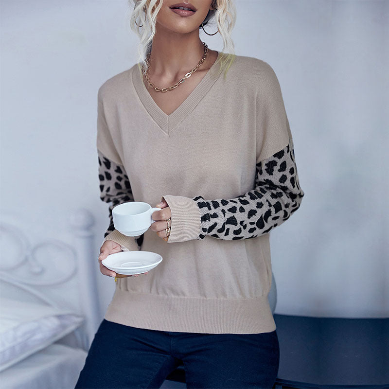 Damen Strickpullover mit V-Ausschnitt und Leopardenärmeln Drune