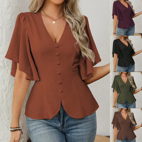 Damen elegante Bluse mit Glockenärmeln und Knopfdetail Drune
