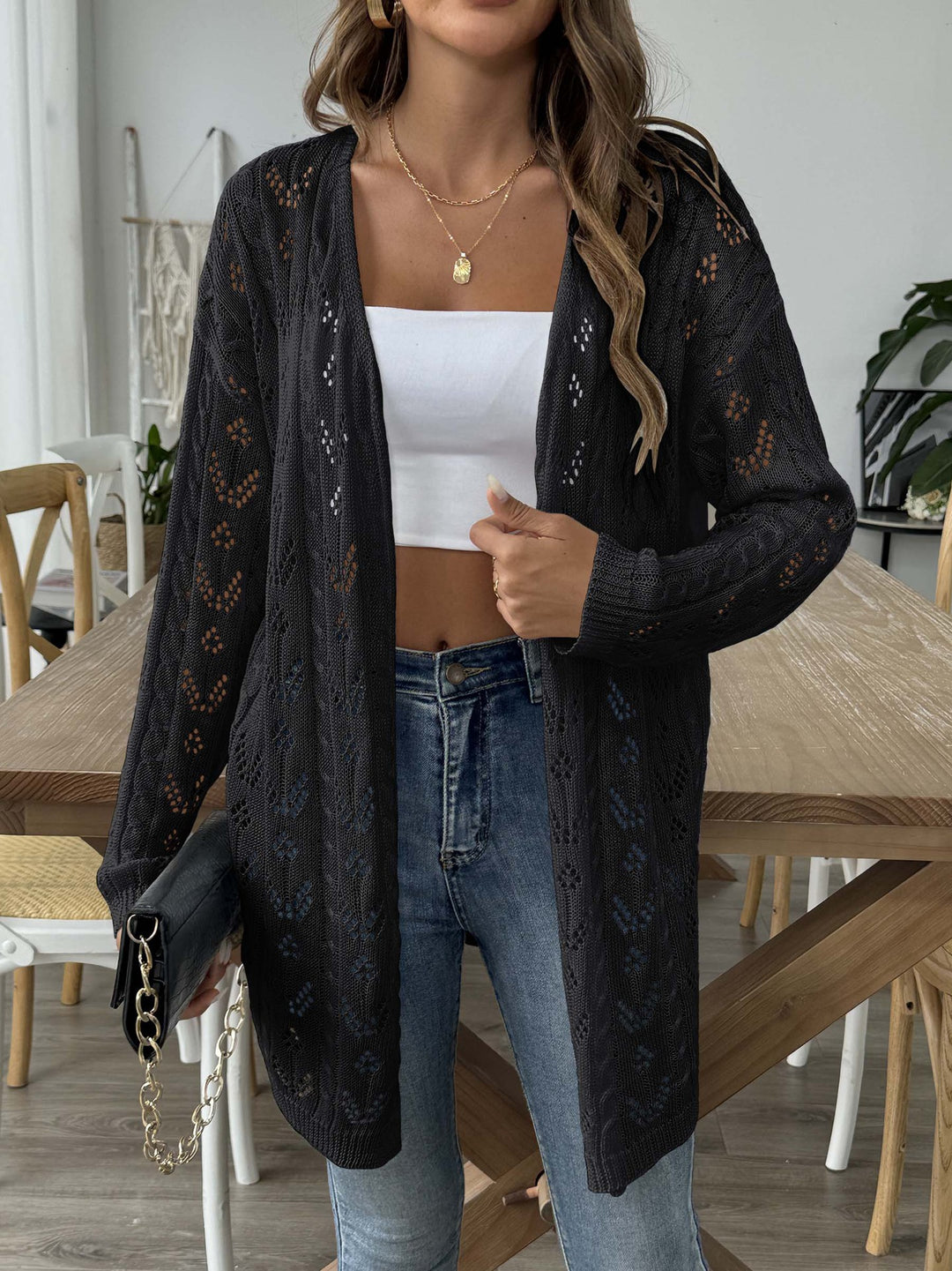 Damen luftiger Strickcardigan mit filigranem Lochmuster Drune