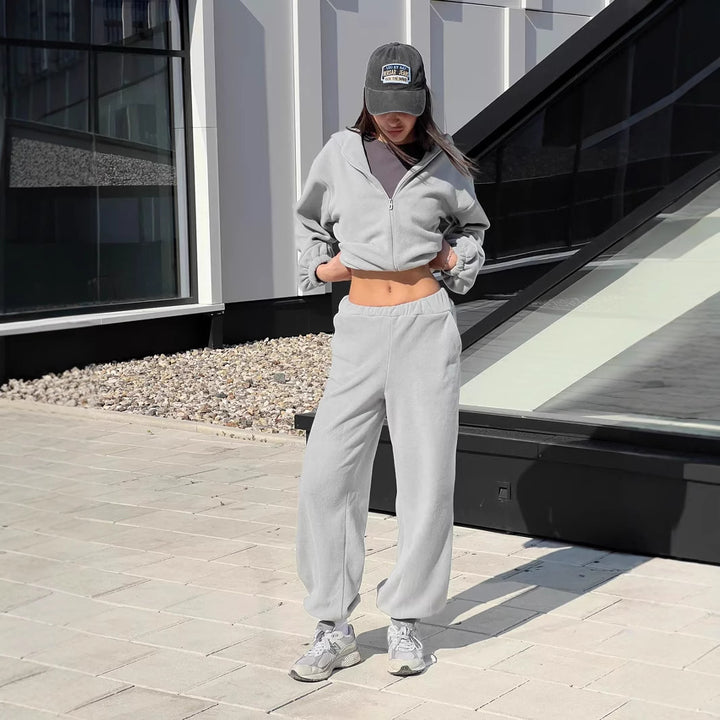 Damen sportlicher Fleece-Loungewear-Anzug mit hohem Kragen Drune