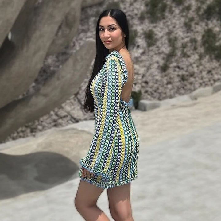 Damen modisches Minikleid mit strukturiertem Wellenmuster und verspieltem Saum Drune