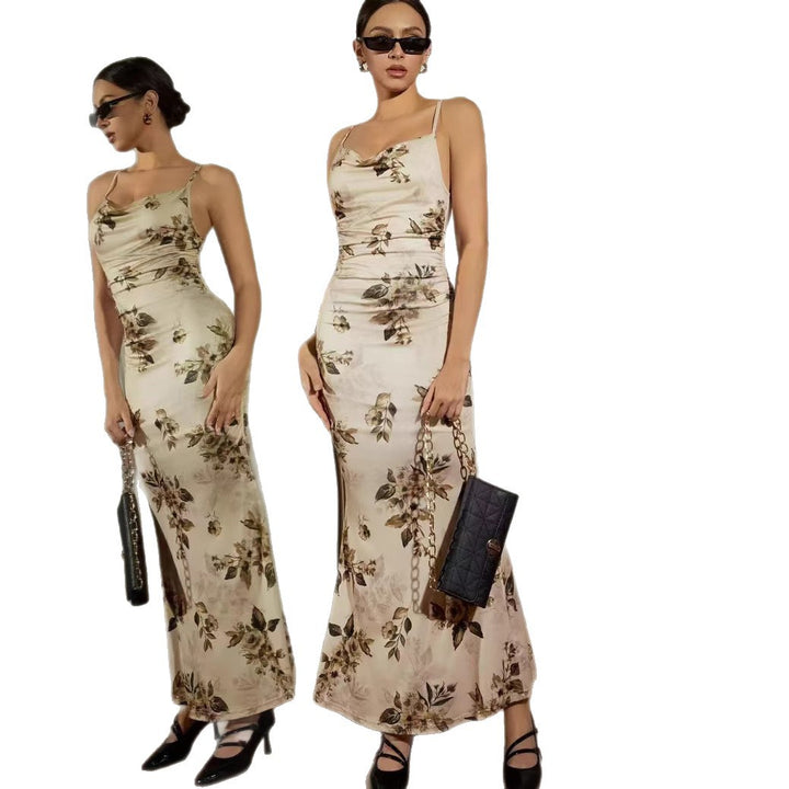 Damen Elegantes Maxikleid mit floralem Dekor und Raffungen Drune
