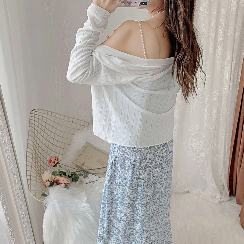 Damen lässiges Off-Shoulder Oberteil mit feinen Rippstrickdetails Drune
