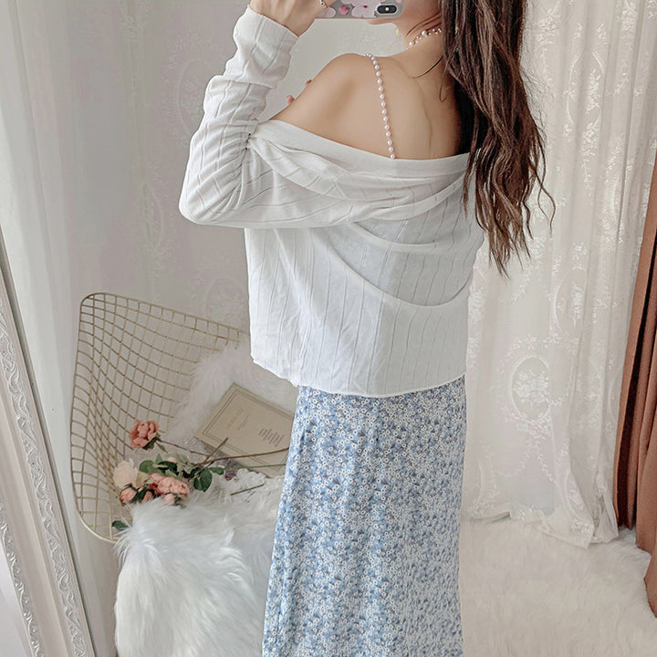 Damen lässiges Off-Shoulder Oberteil mit feinen Rippstrickdetails Drune