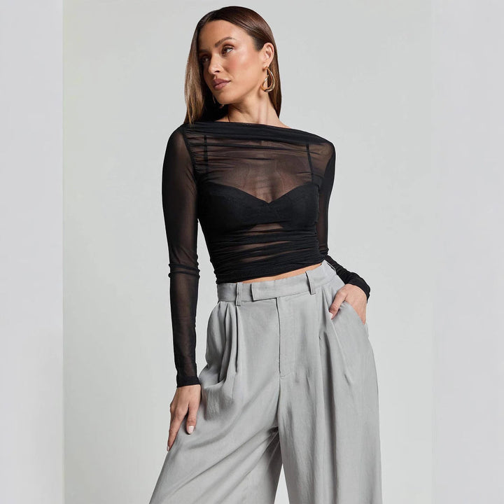 Damen Elegantes Langarmoberteil mit transparentem Mesh und Raffung Drune