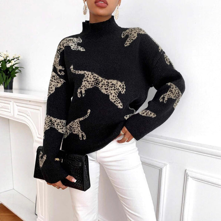 Damen Strickpullover mit kreativem Tiermotiv und hohem Kragen Drune