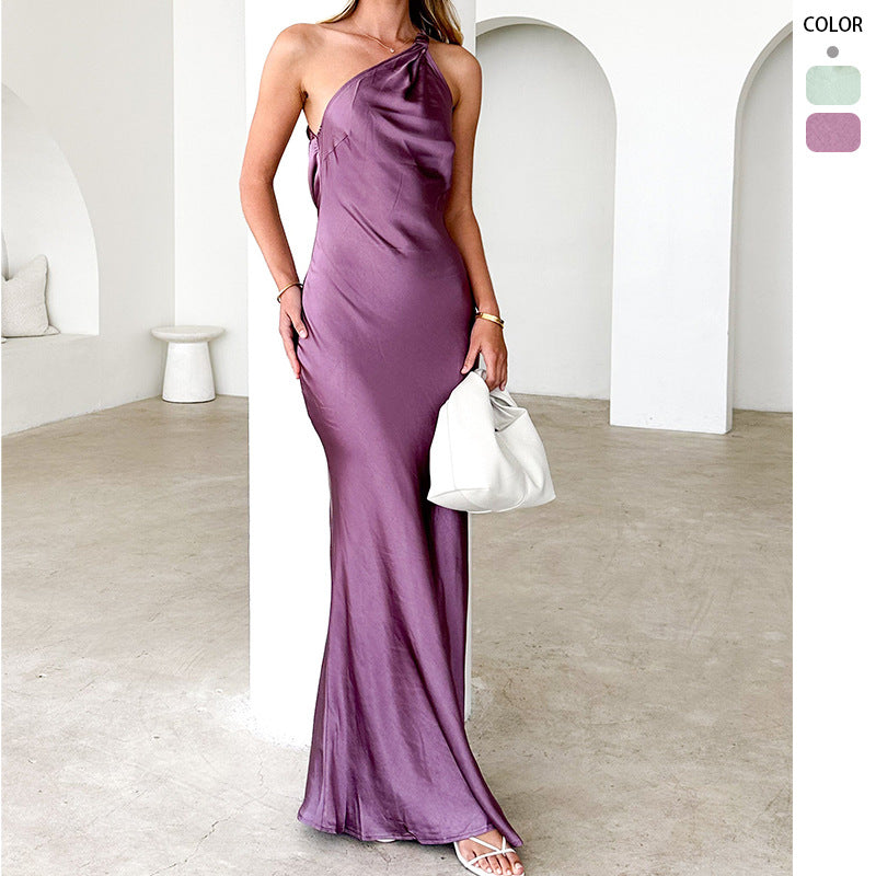 Damen Elegantes Maxikleid mit asymmetrischem Träger und fließendem Satinfall Drune