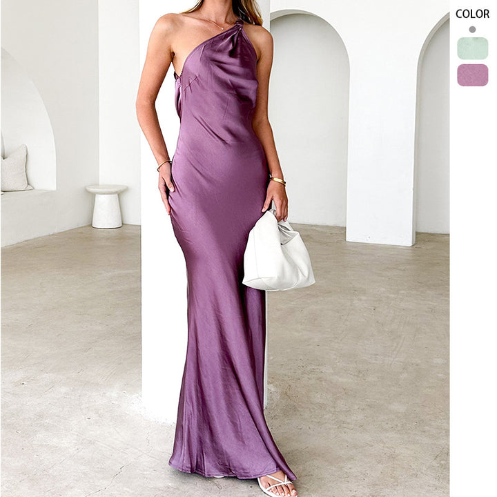 Damen Elegantes Maxikleid mit asymmetrischem Träger und fließendem Satinfall Drune