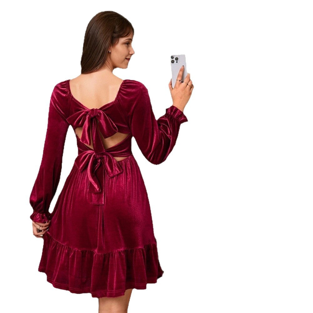 Damen Samt Minikleid mit Volant und geschmackvollen Puffärmeln Drune
