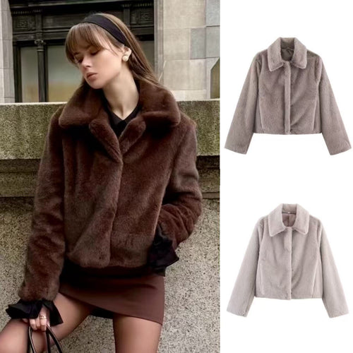 Damen nan kurz geschnittene vegane Webpelz-Jacke mit breitem Umlegekragen und verdeckter Druckknopfleiste Drune