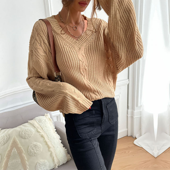 Damen stylischer Strickpullover mit weitem V-Ausschnitt und strukturiertem Rautenmuster Drune