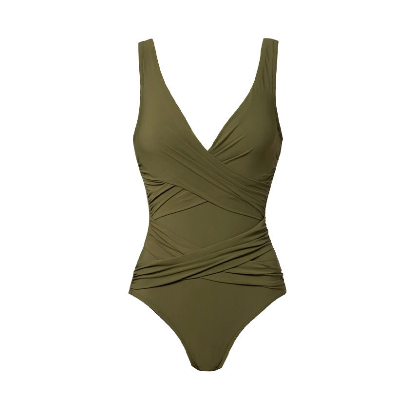Damen Einteiler Badeanzug mit modischem Wickeldesign und elastischen Rüschendetails Drune
