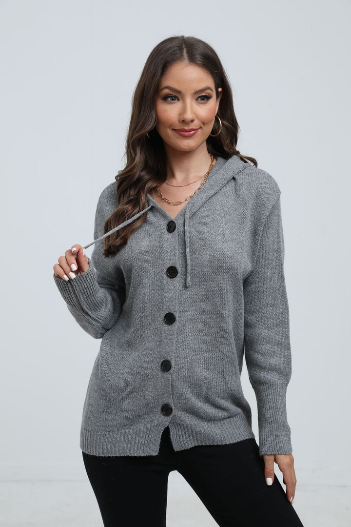 Damen Kapuzenstrickjacke mit Knopfverschluss und breitem Rippmuster Drune