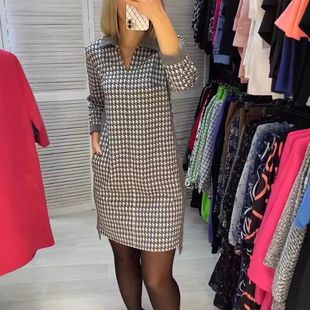 Damen nan Hahnentritt-Strickkleid mit umgelegtem Kragen, V-Ausschnitt, Eingrifftaschen und seitlichen Schlitzen Drune