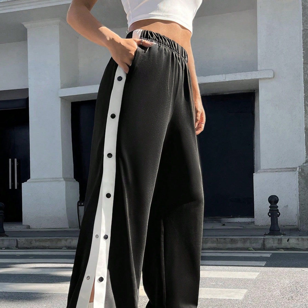 Damen Sportliche Palazzo-Hosen mit seitlichen Druckknöpfen und elastischem Bund Drune