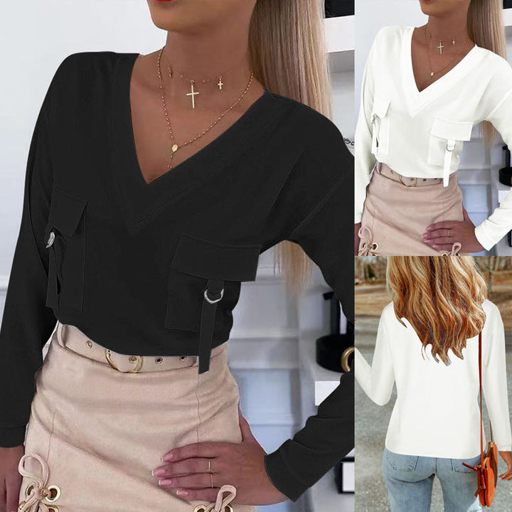 Damen Stylisches Oberteil mit V-Ausschnitt und praktischen Taschen Drune