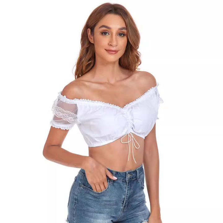 Damen  Dirndlbluse Carmen Ausschnitt mit Spitzenärmeln und Bindeband Drune