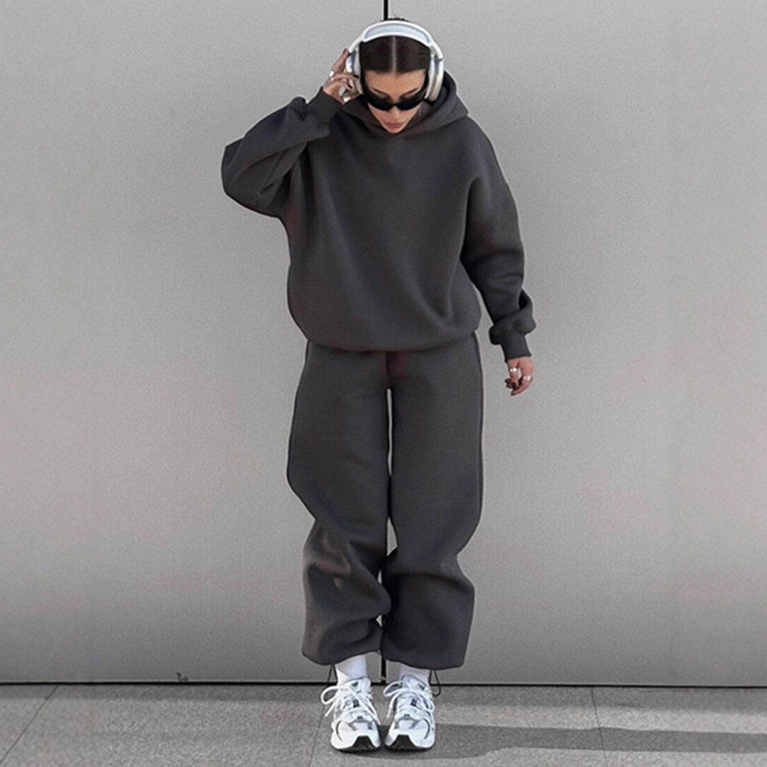 Damen gemütlicher Fleece-Loungewear-Anzug mit hohem Kragen Drune