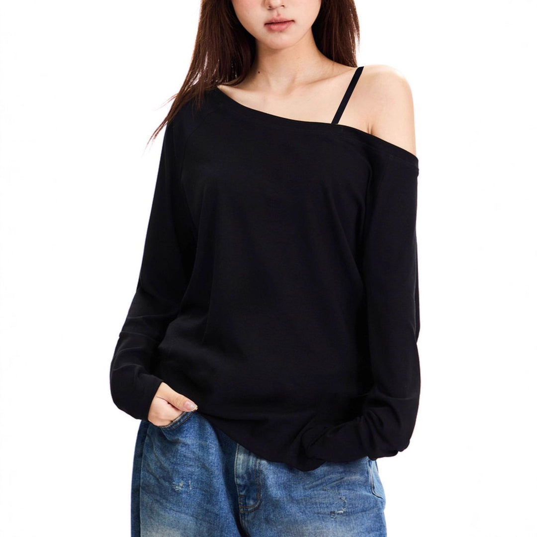 Damen nan asymmetrisches Off-Shoulder Langarmshirt aus Baumwollstretch mit lässigem Oversize-Schnitt Drune