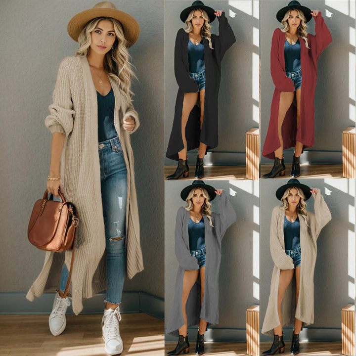 Damen lange Strickjacke in lässiger Rippstruktur mit offenen Ärmeln und Taschen Drune