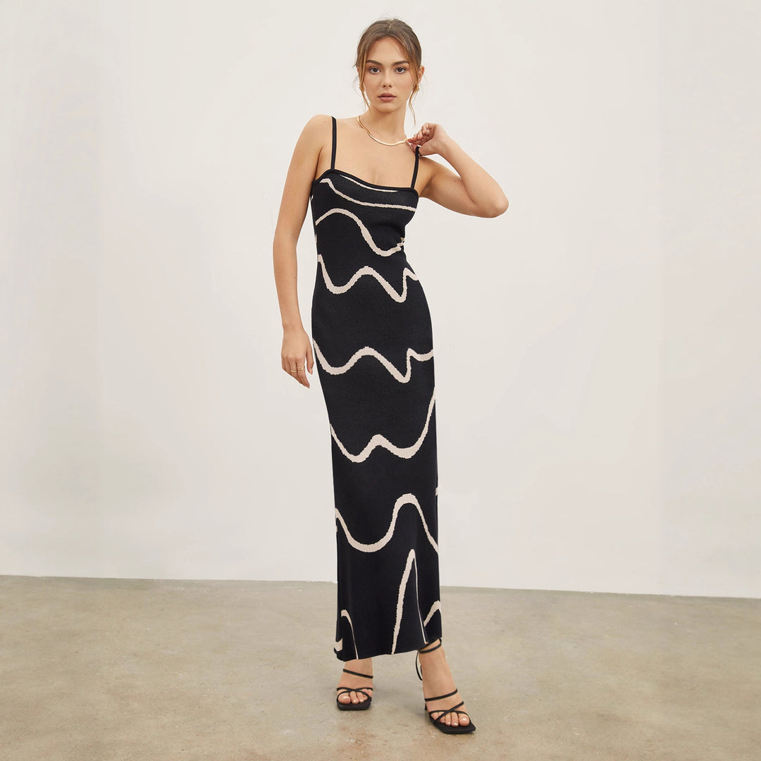 Damen Maxikleid mit modernem Wellenmuster und feinen Spaghettiträgern Drune