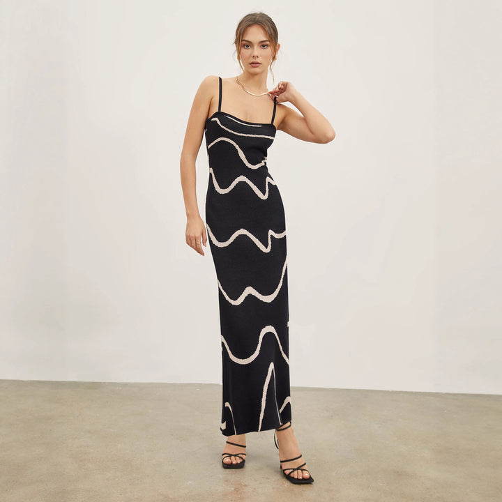 Damen Maxikleid mit modernem Wellenmuster und feinen Spaghettiträgern Drune