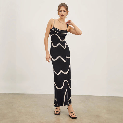 Damen Maxikleid mit modernem Wellenmuster und feinen Spaghettiträgern Drune