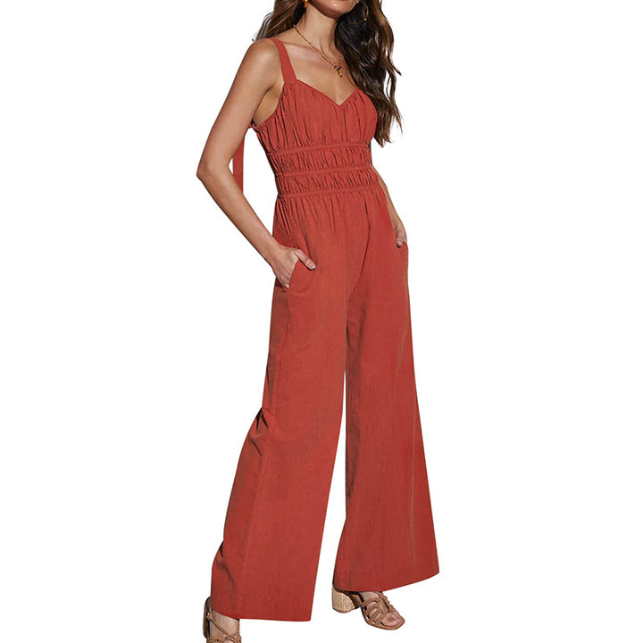 Damen eleganter Jumpsuit mit weitem Bein und gesmoktem Oberteil Drune