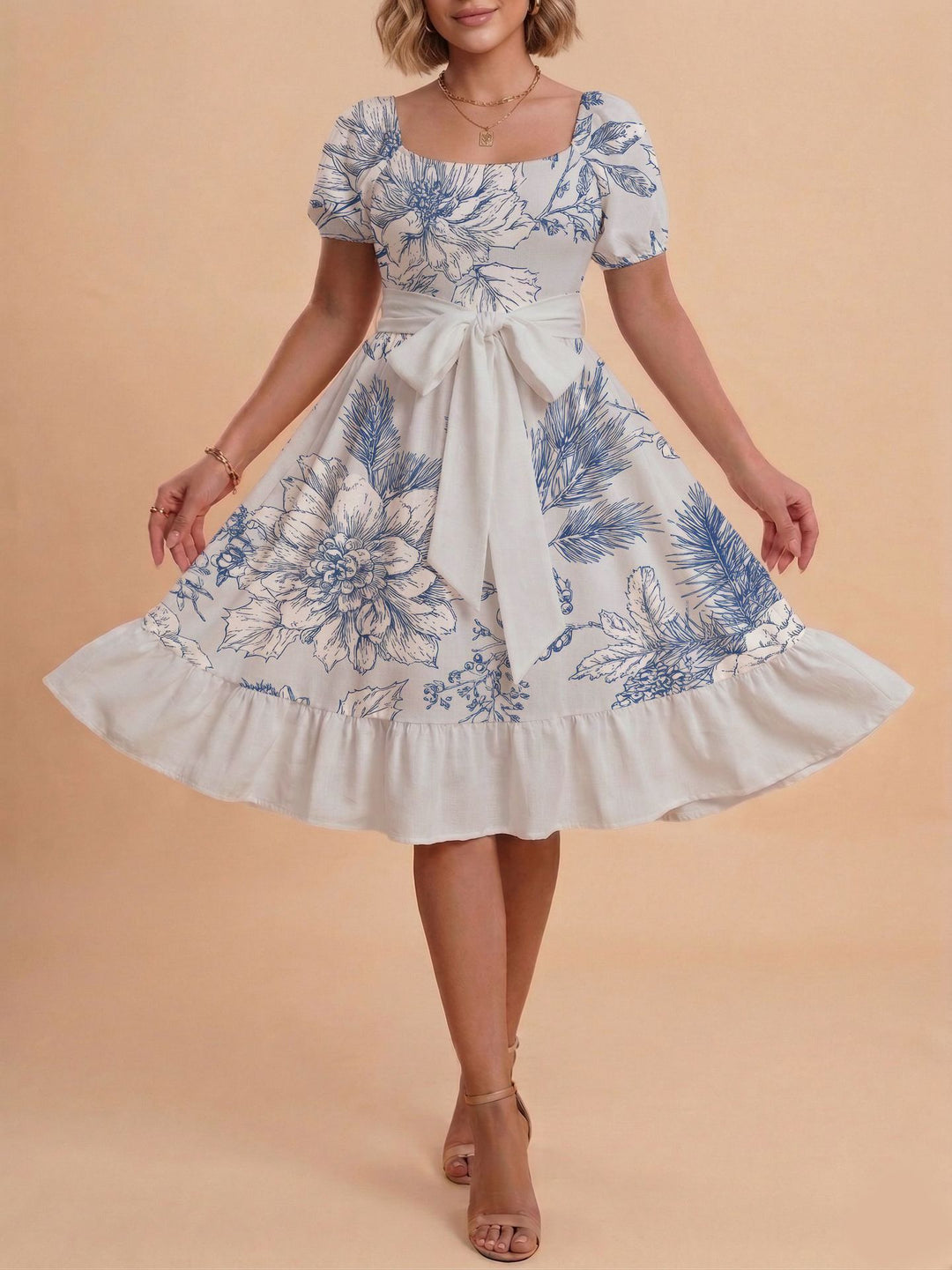 Damen Retro Maxikleid mit Puffärmeln und Taillengürtel Drune