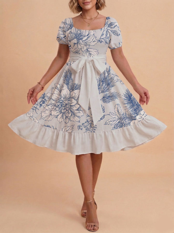 Damen Retro Maxikleid mit Puffärmeln und Taillengürtel Drune