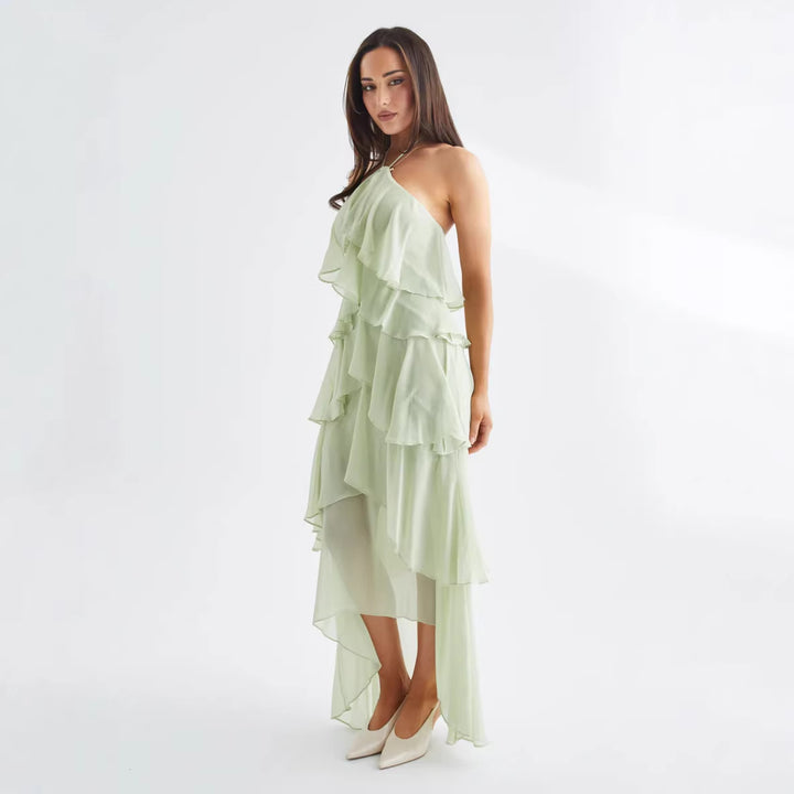 Damen Luftiges Chiffon-Maxikleid mit Rüschendetails und elegantem Halterneck Drune
