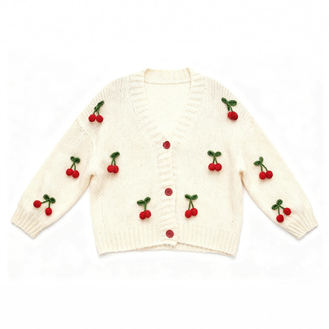 Damen Strickjacke mit fröhlichem Kirschdesign und praktischen Knopfdetails Drune