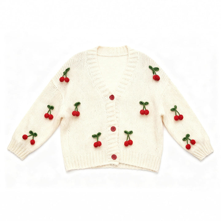 Damen Strickjacke mit fröhlichem Kirschdesign und praktischen Knopfdetails Drune