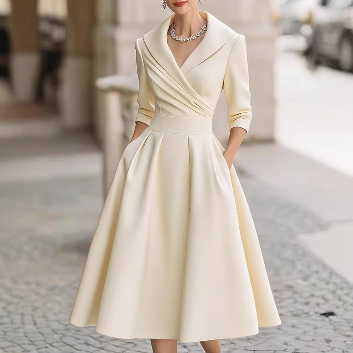 Damen nan elegantes Midikleid mit Wickeloberteil, Dreiviertelärmeln und Eingrifftaschen Drune