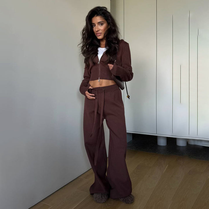 Damen Lässiges Strick-Set mit cropped Jacke und weitem Hosenstil Drune