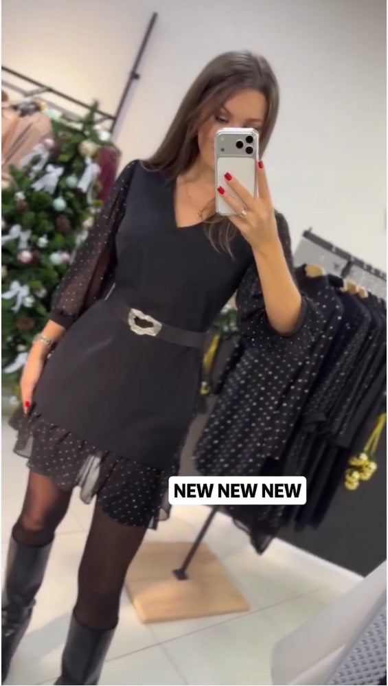 Damen elegantes Kleid mit transparenten Puffärmeln und schließendem Gürtel Drune