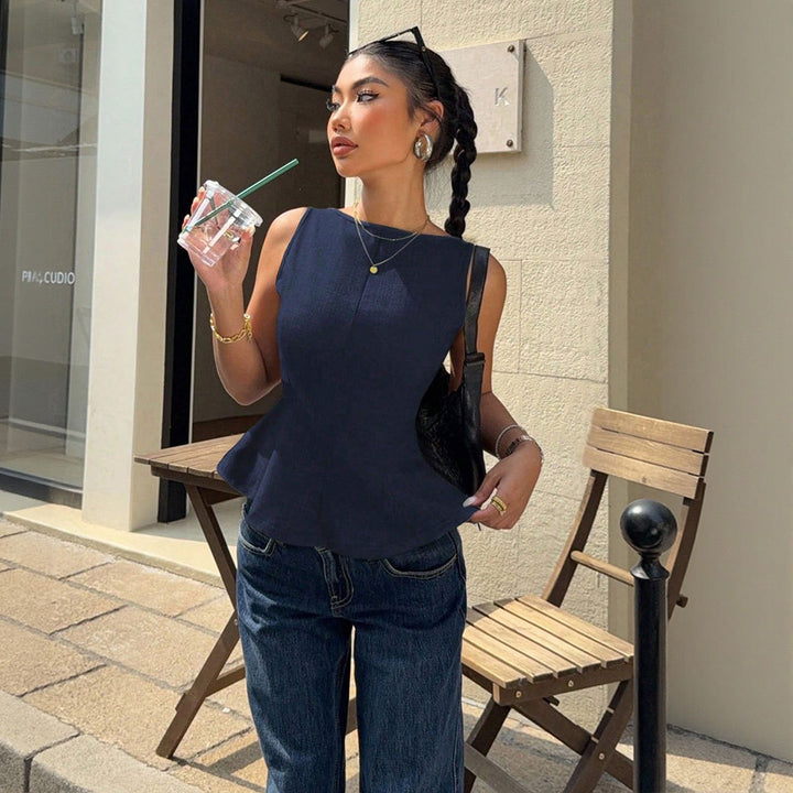 Damen raffiniertes Top mit peplum Saum und ärmellosem Design Drune