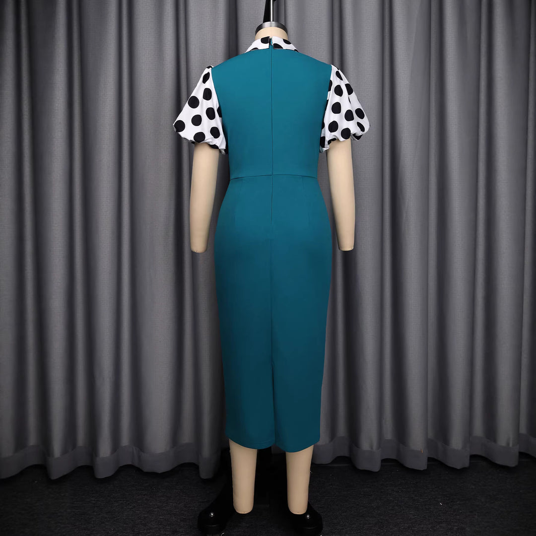 Damen figurbetontes Midi-Kleid mit polka-dot Ärmeln Drune