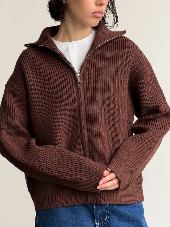 Damen modischer Grobstrickpullover mit hohem Kragen und durchgehendem Reißverschluss Drune