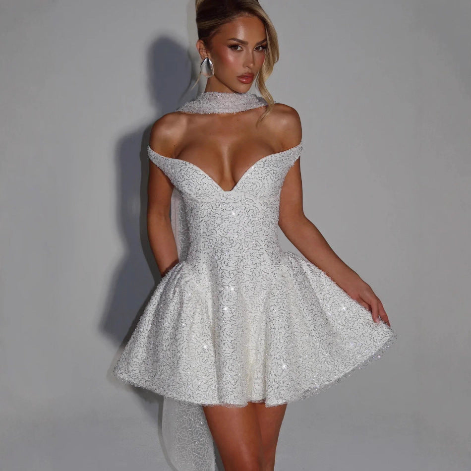 Damen Glamouröses Cocktailkleid mit schulterfreiem Design und funkelndem Paillettenbesatz Drune