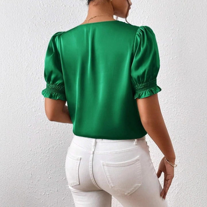 Damen Satinbluse mit Puffärmeln und eleganter Knopfleiste Drune