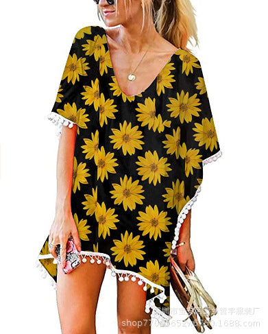 Damen Strandtunika mit floralem Design und Poncho-Art Drune