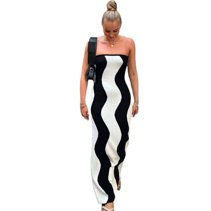 Damen Langarm Maxikleid mit Wellendesign und seitlichem Schlitz Drune