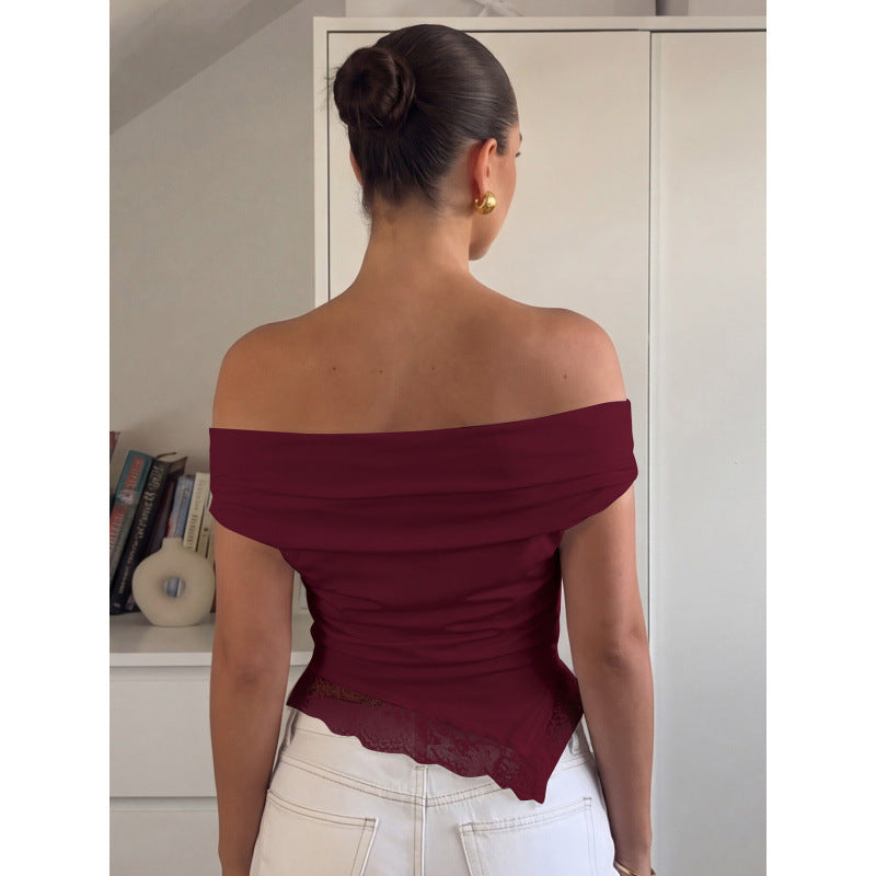 Damen Off-Shoulder Oberteil mit filigranem Spitzendetail und lässigem Schnitt Drune