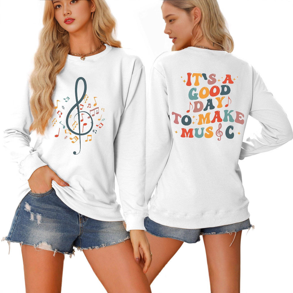 Damen Sweatshirt mit musikalischem Motiv und kreativem Schriftzug Drune