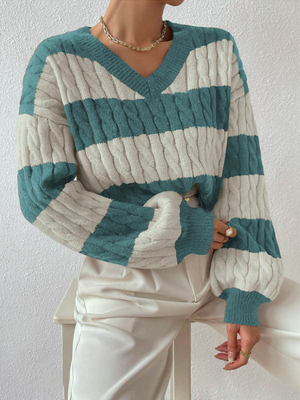 Damen Grobstrickpullover mit modischem V-Ausschnitt und buntem Streifenmuster Drune
