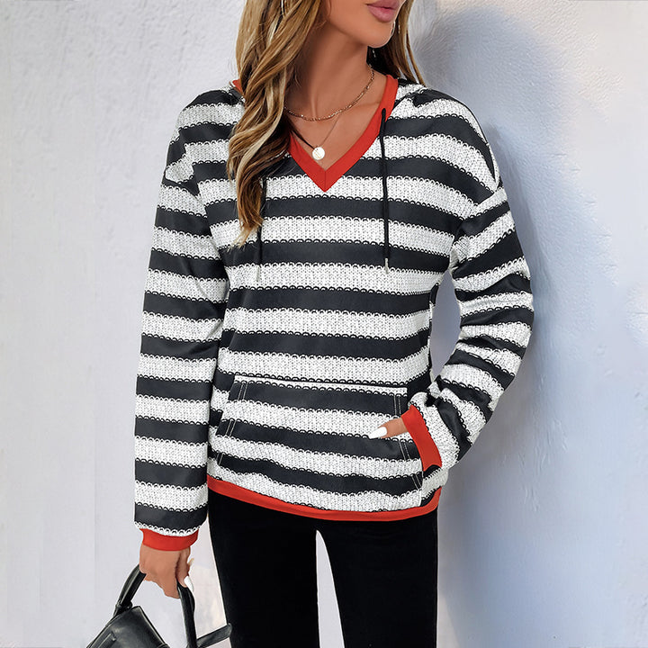 Damen Baumwoll-Pullover mit modischem V-Ausschnitt und gestreiftem Design Drune