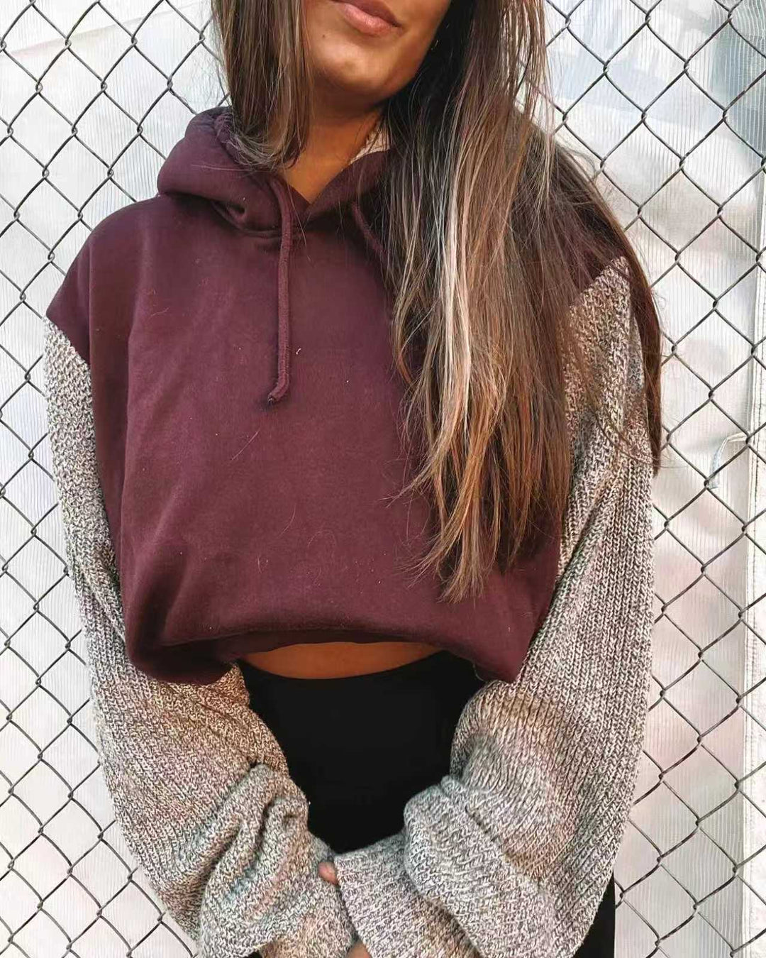 Damen lässiger Kapuzenpullover mit strukturierten Ärmeln Drune