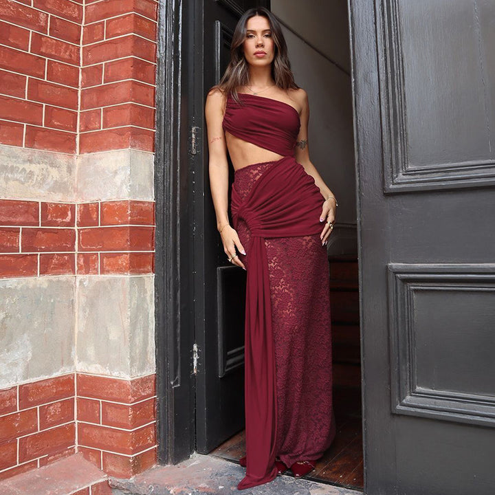 Damen Elegantes Maxikleid mit asymmetrischem Design und Spitzenverarbeitung Drune